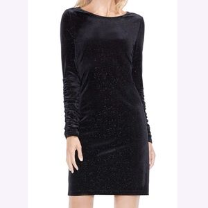 VINCE CAMUTO Ruched Sleeve Sparkle Black Velvet Dress L